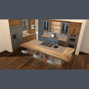 rendering van een keuken met mozaïek en houten vloer, meubelmaker amsterdam cabinetmaker custom handmade furniture op maat gemaakt maatwerk meubels